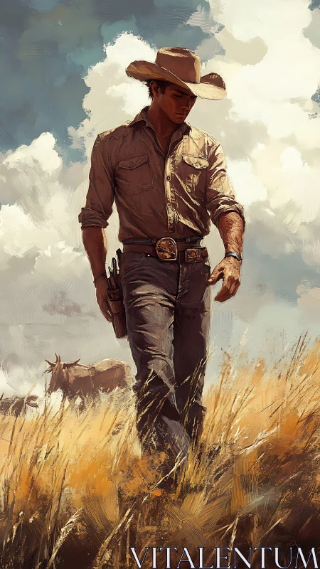 Brush-textured cowboy study under volumetric clouds in tall grass