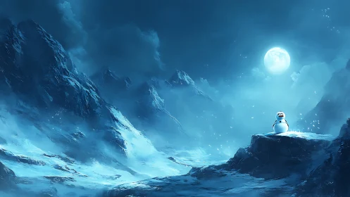 Moonlit digital snowscape isolates stylized snowman on icy ledge
