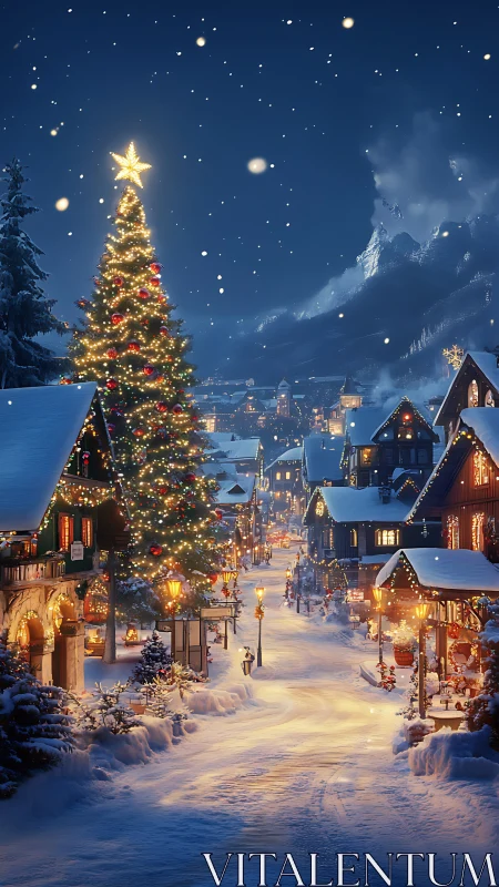 Snow covered village street with illuminated Christmas tree.