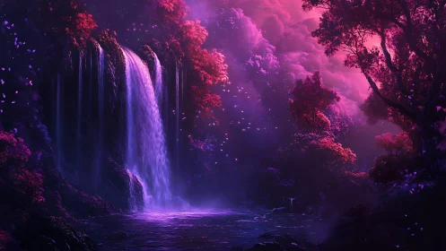 Luminous magenta waterfall in ethereal twilight forest.