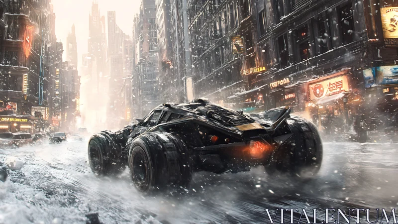 Armored futuristic car speeding through snowy city street.