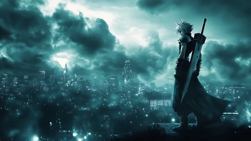 Lone swordsman surveys stormy cyberpunk city skyline.