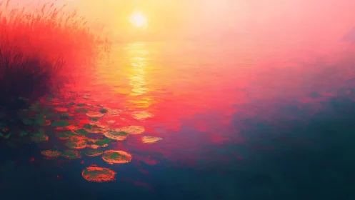 Digital painting sunset over reeds and lily pad shoreline glow.