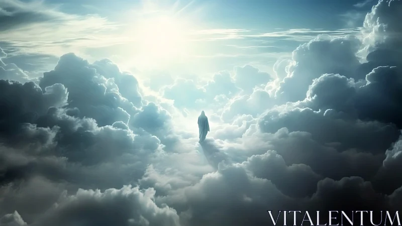 Lone robed figure ascends through radiant sunlit clouds.