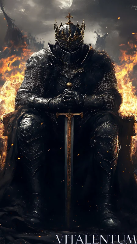Brooding dark king resting on a throne of roaring fire.