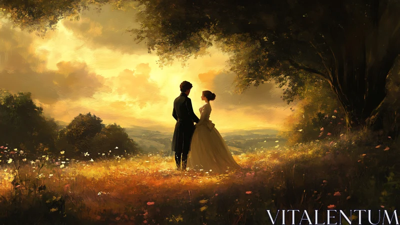 Romantic Couple Silhouette in Golden Hour Landscape.