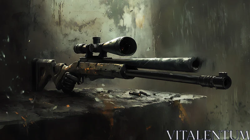 Sniper Rifle with Scope on Weathered Surface.