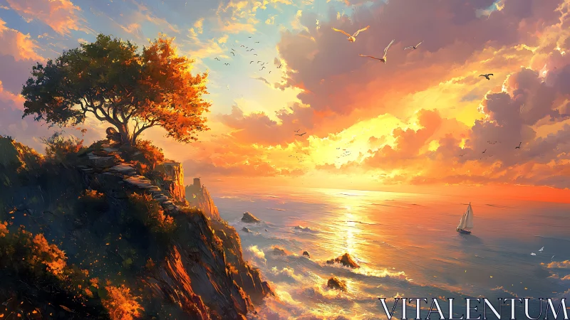 Sunlit cliff tree above glowing seascape at sunset.