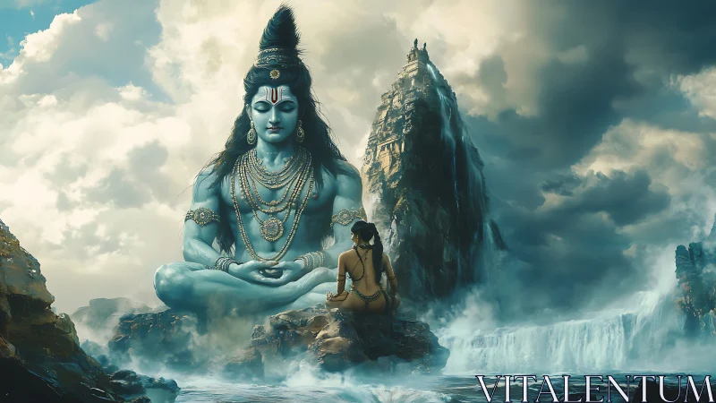 Majestic blue deity in meditation above mythic waterfalls.