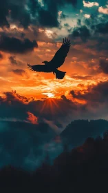 Silhouetted bird gliding across vivid sunset sky.