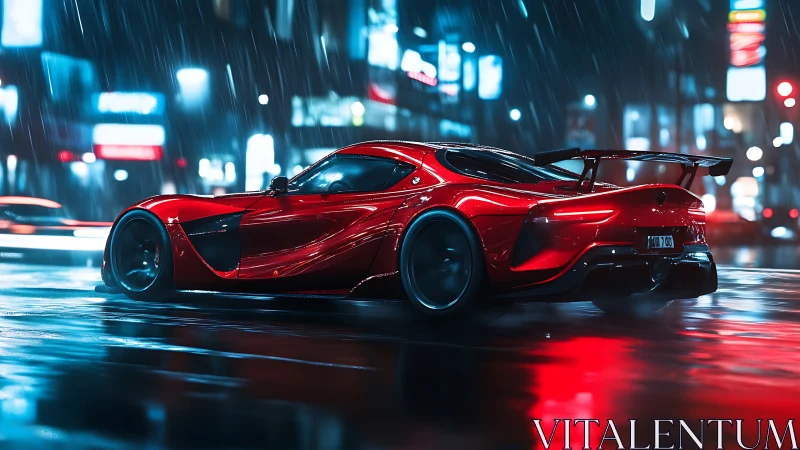 Red supercar powers through neon city rain at night.
