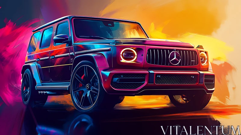 Vibrant SUV illustration captures neon speed in sunset glow