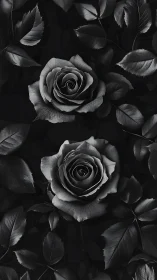 Black and white roses with foliage against dark background