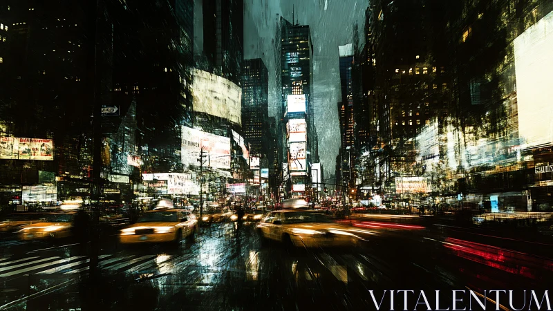 Rain‑soaked urban intersection with motion‑blurred taxis and neon