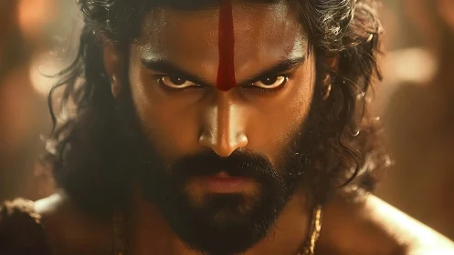 Fierce warrior gaze holds steady in warm golden light