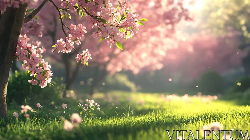 Sunlit cherry blossoms over lush spring meadow at dawn.