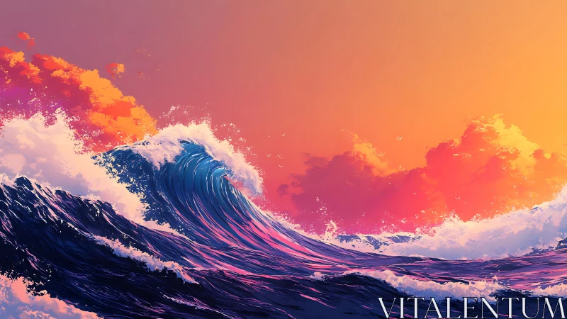 Digital seascape with breaking waves under vivid sunset sky.