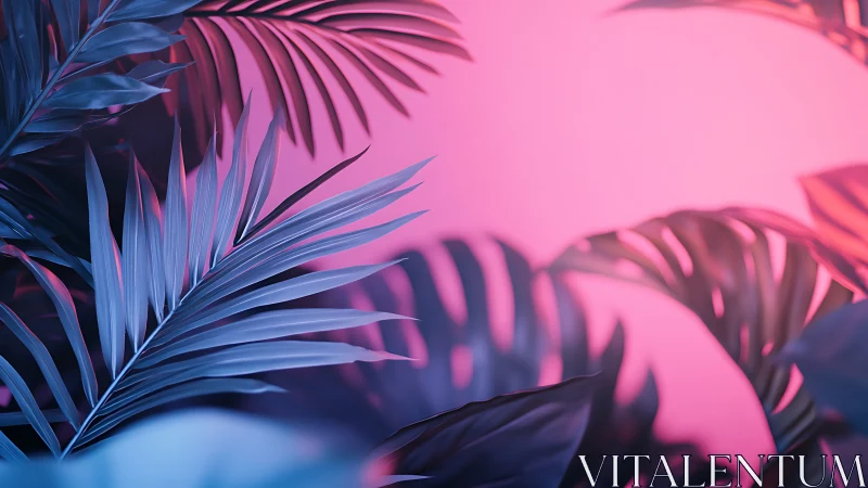 Neon tropical leaves glow against smooth pink gradient backdrop.
