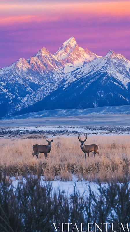 Twilight deer beneath rose lit peaks in a winter valley hush.