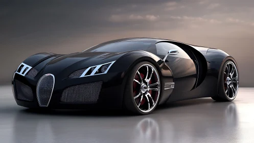 Black futuristic supercar concept on reflective surface.