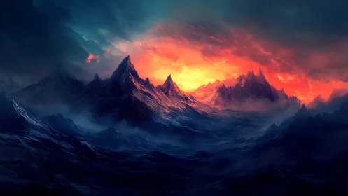 Fiery dawn ignites jagged alien mountains in stormy mist