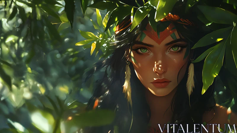Digital portrait shows woman framed by dense sunlit foliage