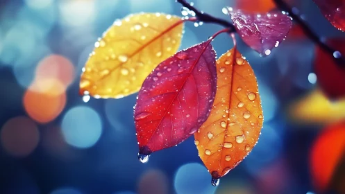 Autumn leaves glow under raindrops in dreamy bokeh light.