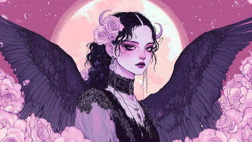 Gothic dark angel with black wings and pink moon backdrop