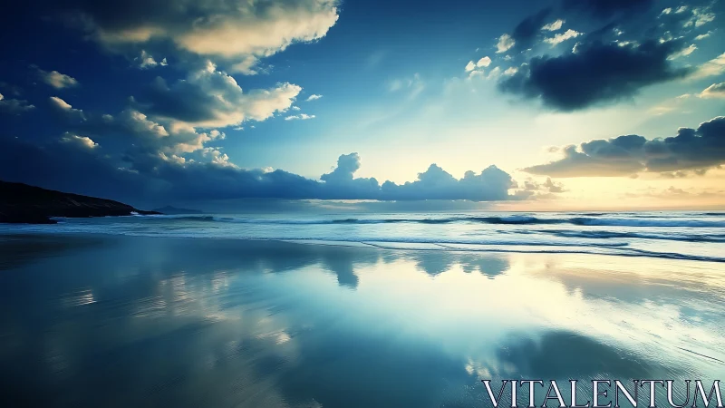 Moody ocean sunrise over glassy reflective shoreline.