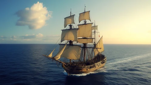 Tall wooden sailing ship crossing calm open ocean at dusk.