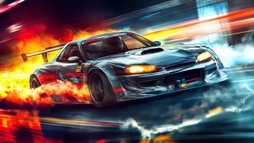 Modified race car drifts through neon city track at speed