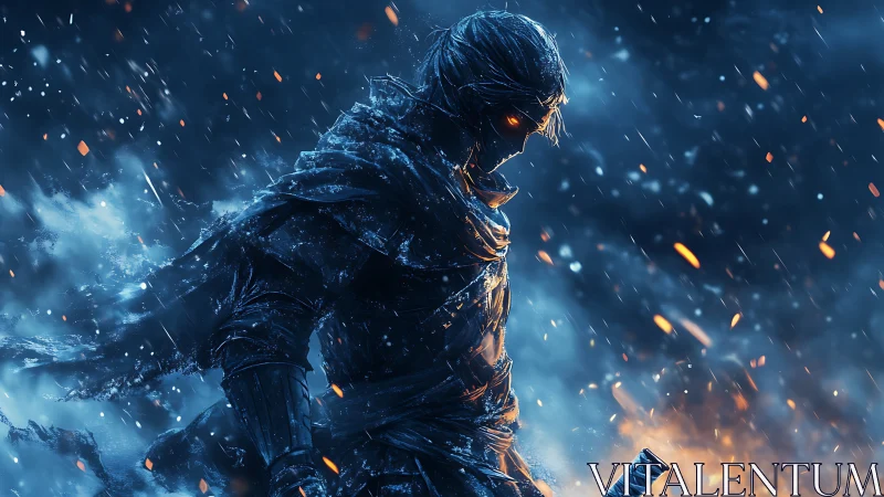 Lone fire-eyed warrior strides through a frozen storm of embers.