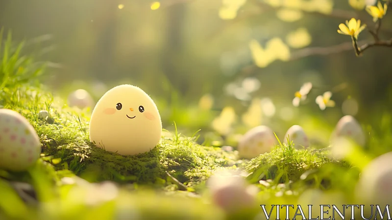Smiling pastel egg character resting in glowing spring meadow.