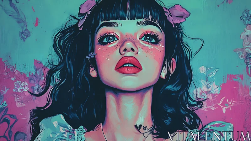 Girl with dark hair and pink accents stares upward