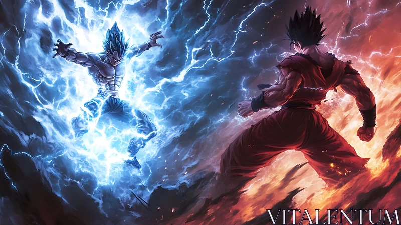 Dual elemental warriors collide amid electric inferno.