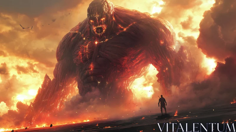 Colossal molten titan confronts lone warrior in burning storm