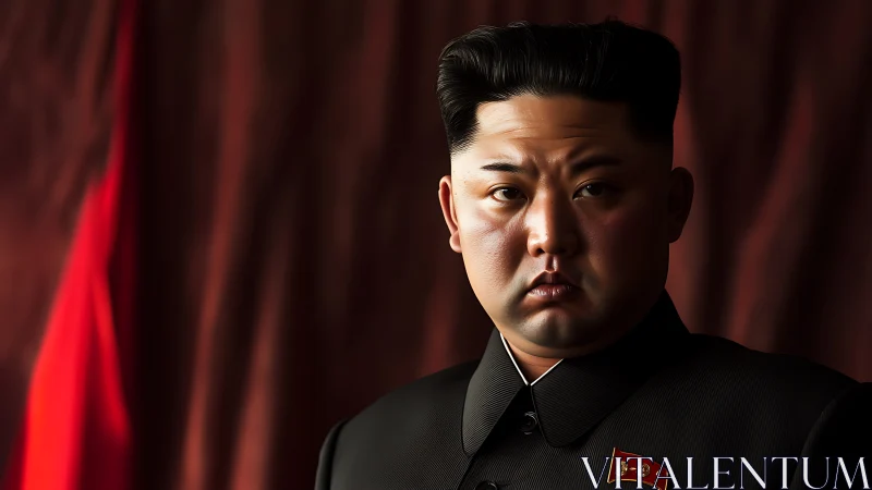 Solemn leader portrait bathed in deep crimson drapery glow.