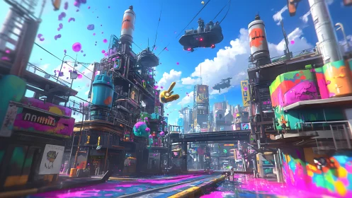 Neon splat cityscape where flying ships surf candy skies.