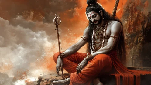 Meditative warrior sage in fiery divine landscape digital art.