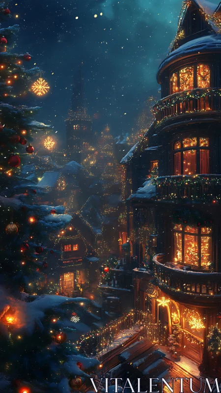 Snow-covered urban street displays dense winter lighting