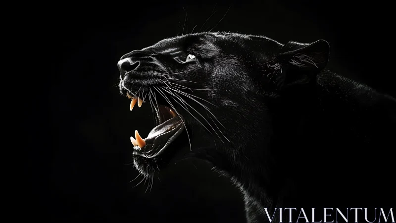 Felid Aggressive Display: High-Contrast Black Panther Profile with Extended Dentition