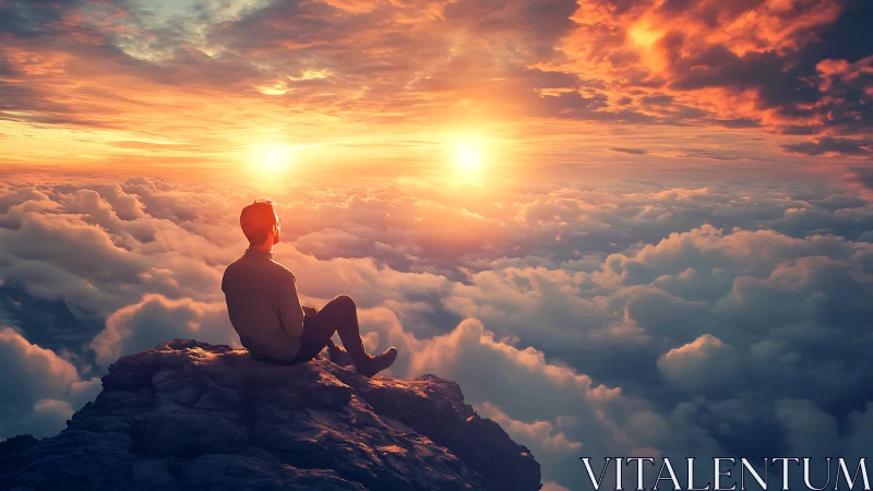 Solitary dreamer watches twin suns above glowing clouds.