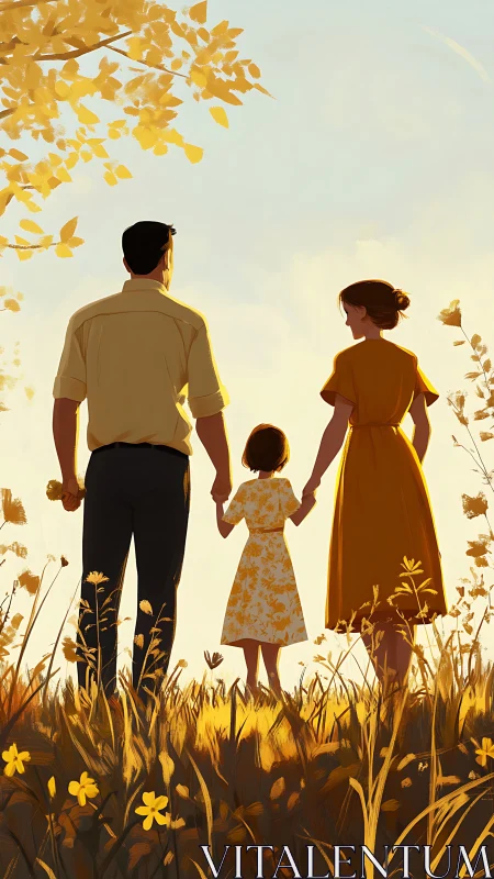 Sunlit family trio walking through golden summer field.