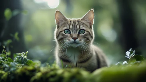 Tabby cat with green eyes in natural garden setting.