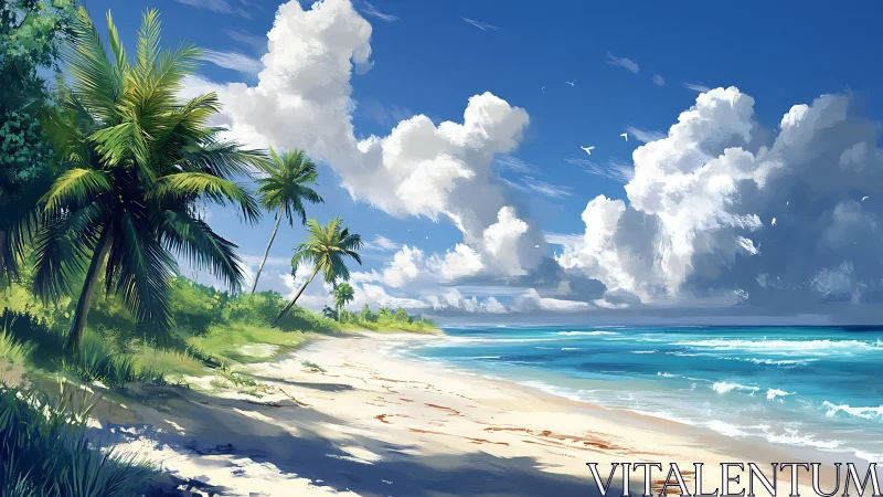 Tropical Coastline with Palm Trees and Cumulus Cloud Formation.