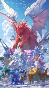 Epic dragon-led monster legion under radiant sky convergence.