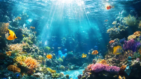 Tropical coral reef habitat with fish under sunlit water.