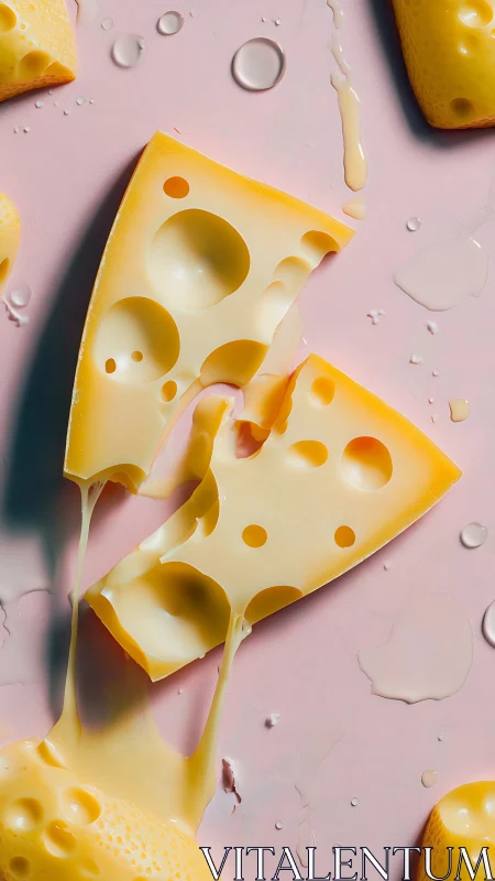 Melted Swiss cheese wedges on pastel backdrop in macro view.
