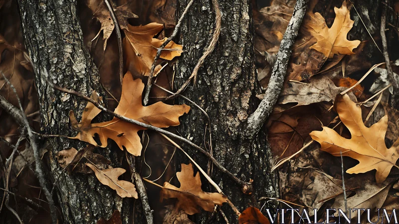 Golden oak leaves rest softly against rugged tree bark