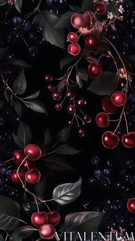 Midnight cherries and berries in velvety botanical hush.